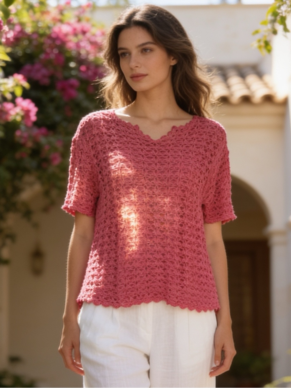 Liz Baker Pink Crochet Open-Knit Short Sleeve Sweater Size M
